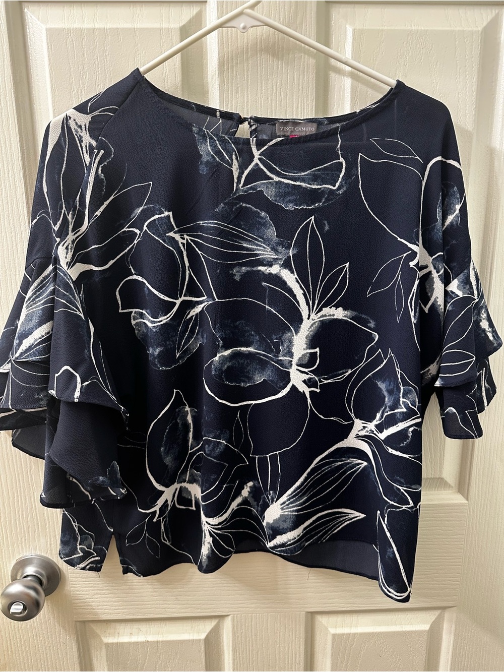 Vince Camuto Navy and White Floral Ruffle-Sleeve Blouse